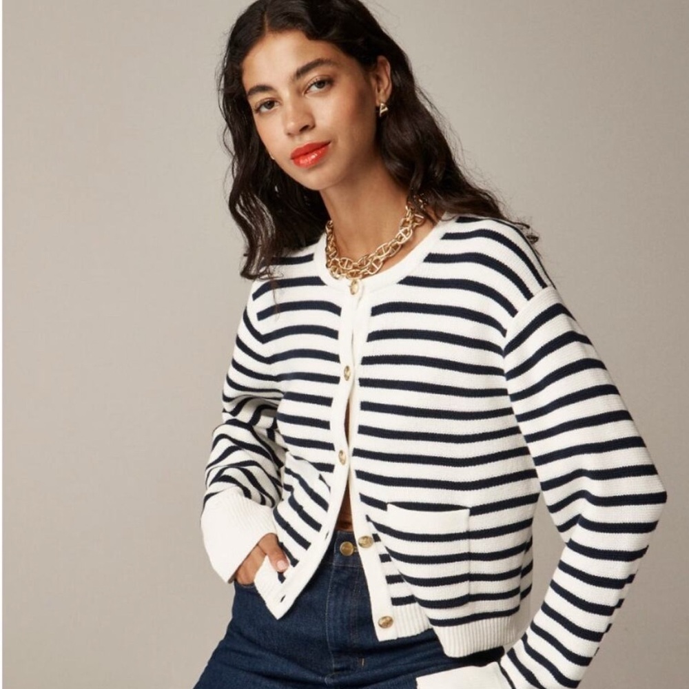 J. Crew Emelie Lady Sweater Navy and Cream Striped Sz Small - Picture 2 of 7